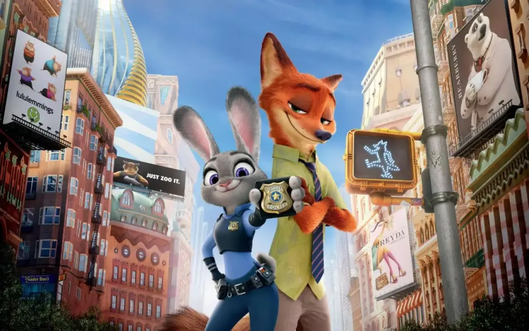 Apresentação lúdica de Zootopia Personagem Vivo com Nick Wilde e Judy no buffet