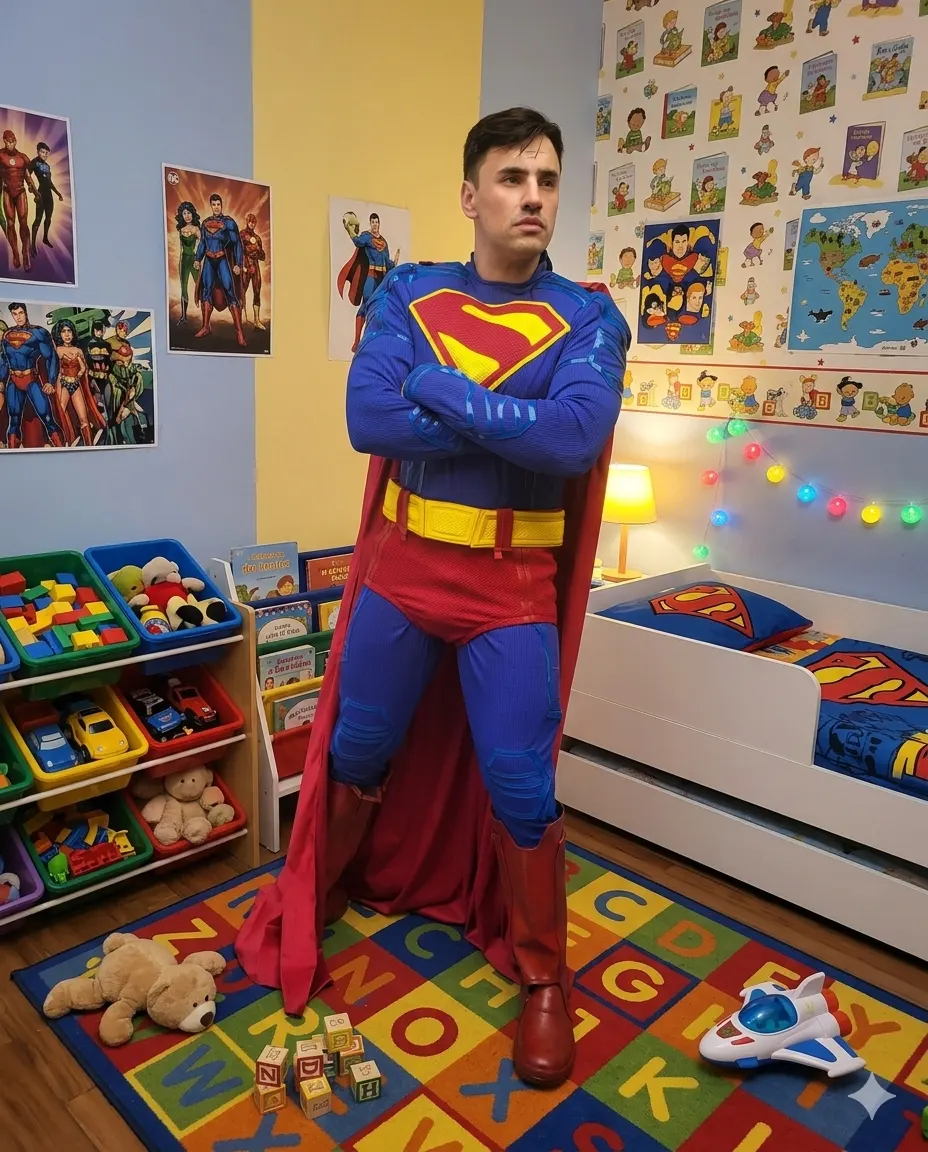 Ator profissional caracterizado como Superman Personagem Vivo interagindo com crianças na festa infantil