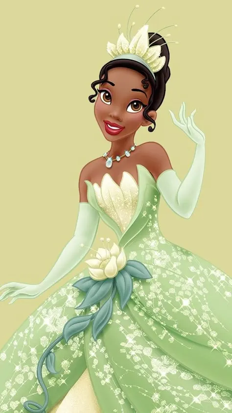 Detalhes do figurino e tiara brilhante da princesa Tiana Personagem Vivo na apresentação