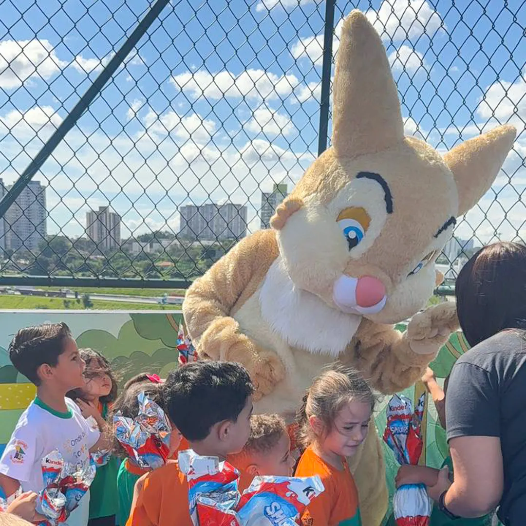 Personagem vivo Coelho da Páscoa interagindo com crianças em festa em São Paulo Personagem vivo Coelho da Páscoa interagindo com crianças em festa em São Paulo